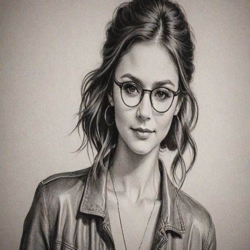 Captivating Nina Dobrev, pencil sketch, portrait of Elegant woman 1922s in glasses, hair style beatnik, outline, clear lines, fine lines, 8k