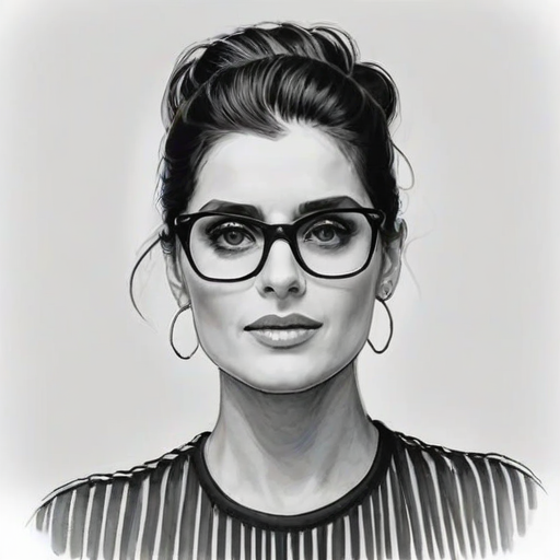 Graceful Nelly Furtado, pencil sketch, portrait of Ravishing woman 1965s in glasses, hair style beatnik, outline, clear lines, fine lines, 8k