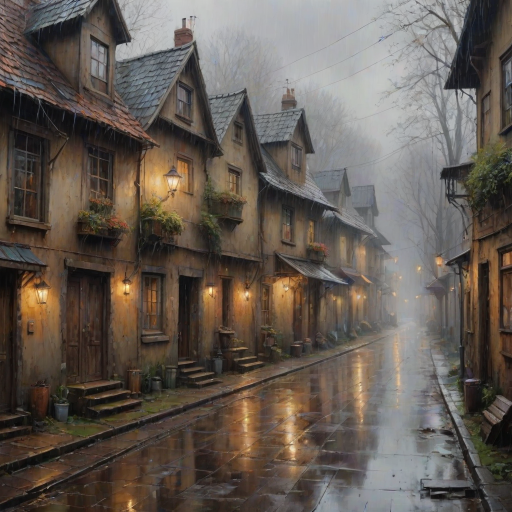 rainy day house painting, fine art painting, fantasy art, 4K, 3D, HDRi, detailed oil painting, high definition art, expressive rustic oil painting, foggy alley, soft focus