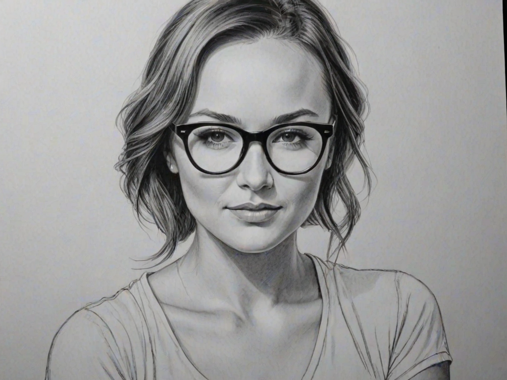 Superb Briana Evigan, pencil sketch, portrait of Captivating woman 1955s in glasses, hair style beatnik, outline, clear lines, fine lines, 8k