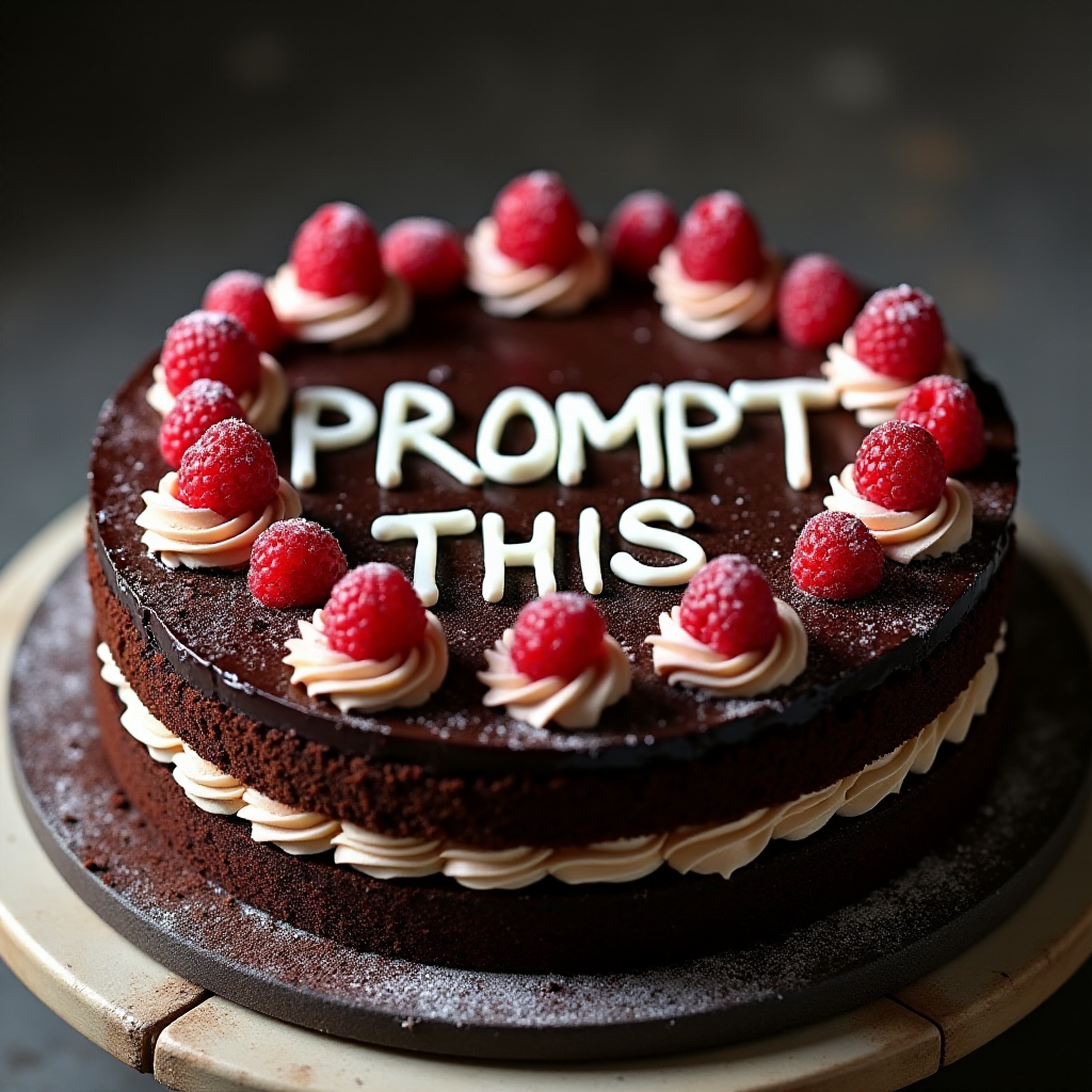 black forest gateau cake, spelling out the words "PROMPT THIS", tasty, food photography, dynamic shot