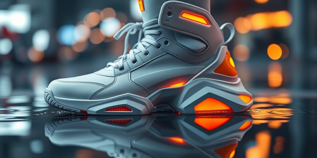 A high-resolution close-up shot of a futuristic white sneaker boot with glowing orange accents, shot with a Canon EOS R5, 50mm lens, f/1.8 aperture, ISO 100, 1/200 sec shutter speed, in a shallow depth of field, capturing reflections in the water and softly blurred background bokeh.