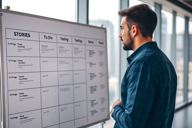 Create a high-resolution image of a man looking at a project management board with columns labeled "Stories," "To Do," "In Progress," "Testing," and "Done," using a DSLR camera with a focal length of 50mm, aperture set to f/2.8, ISO 200, shot from a low angle view in a modern office setting with a blurred cityscape background for depth of field.