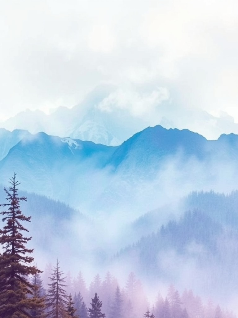 Generate an ethereal watercolor mountain landscape with soft pastel colors, high-resolution, shot with a DSLR camera at f/8 aperture, 50mm lens, and a wide-angle view for depth enhancement.