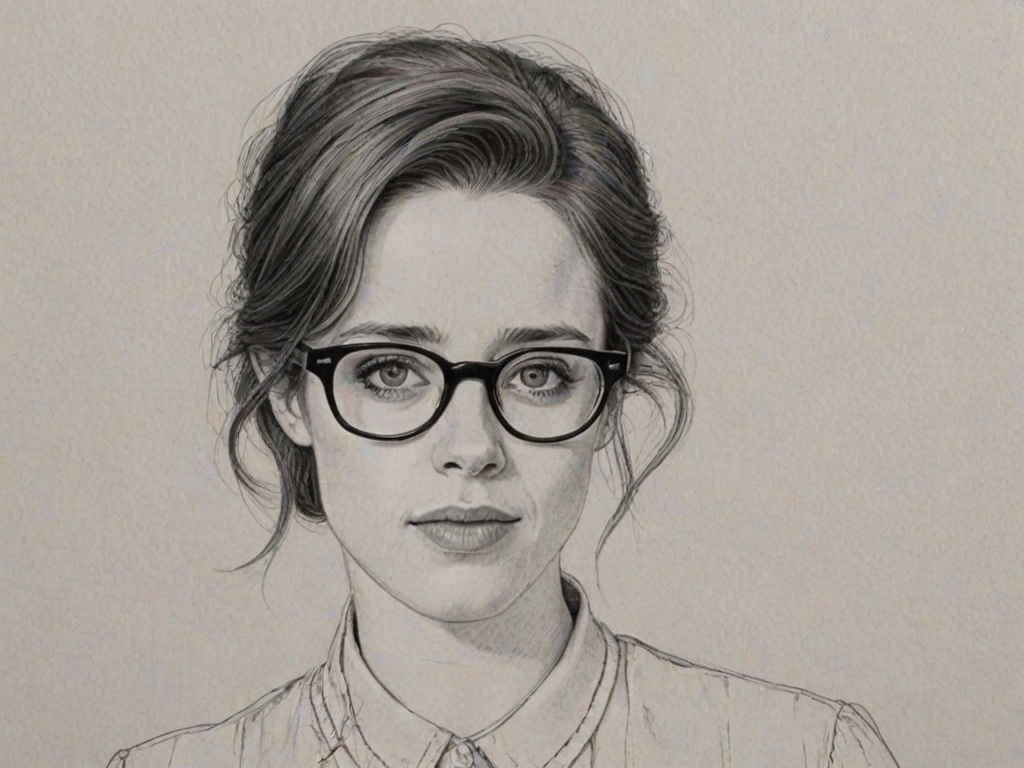 Splendid Claire Foy, pencil sketch, portrait of Radiant woman 1975s in glasses, hair style beatnik, outline, clear lines, fine lines, 8k
