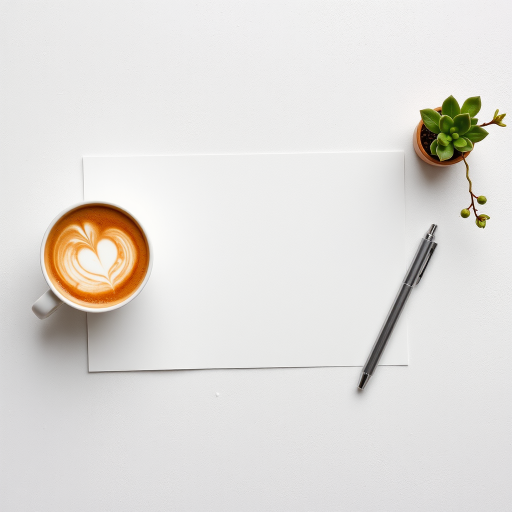 Create a flat lay image of a blank piece of paper on a textured white surface, with a cup of latte art on the left and a shiny silver pen on the right, include a small green plant in the top right corner, shoot with a DSLR camera at f/2.8 aperture, ISO 100, 1/125s shutter speed, natural lighting, top-down view.