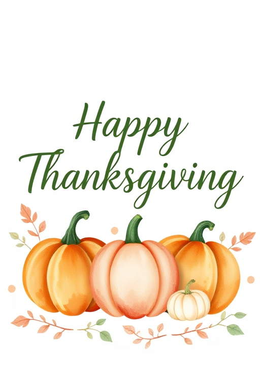 Create an image featuring the text Happy Thanksgiving in a beautiful cursive font with watercolor pumpkins in shades of orange green and white arranged in a line alongside delicate leaves and stems in soft pastel colors