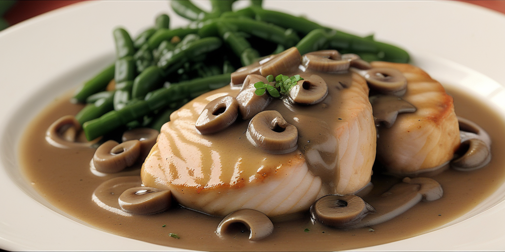 Deliciously Cooked Fish Fillets Topped with Creamy Mushroom Sauce and ...