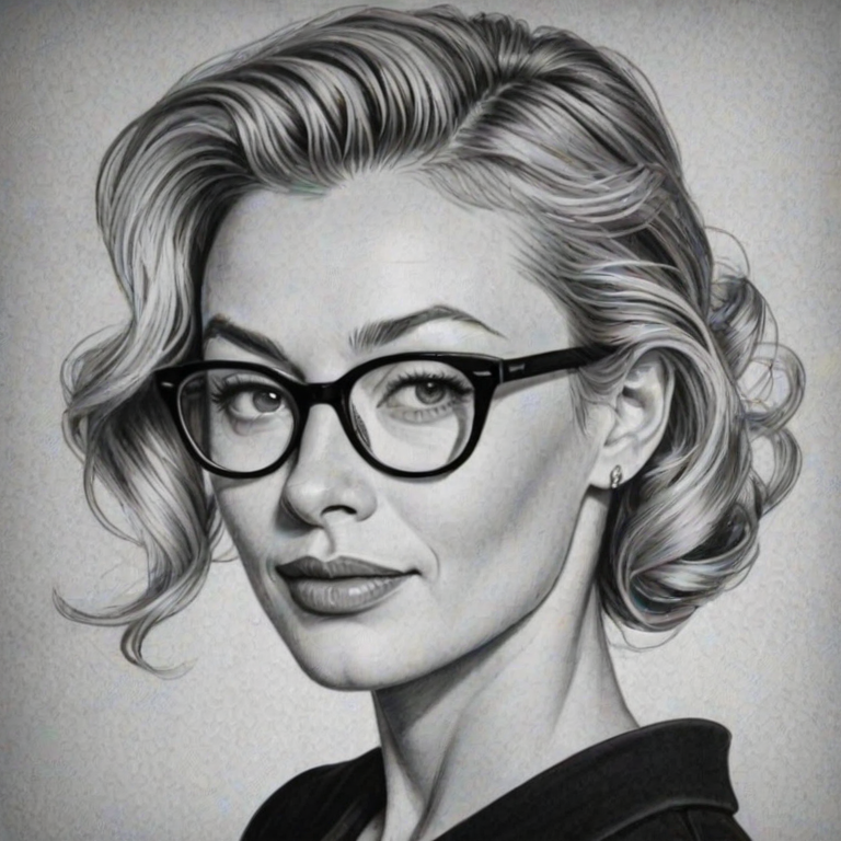 Ravishing Portia de Rossi, pencil sketch, portrait of Fetching woman 1951s in glasses, hair style beatnik, outline, clear lines, fine lines, 8k