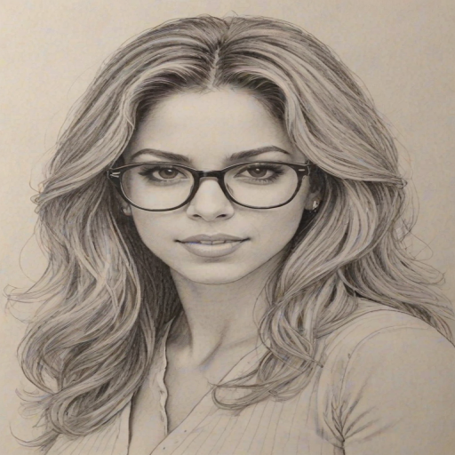Enticing Shakira, pencil sketch, portrait of Graceful woman 1973s in glasses, hair style beatnik, outline, clear lines, fine lines, 8k