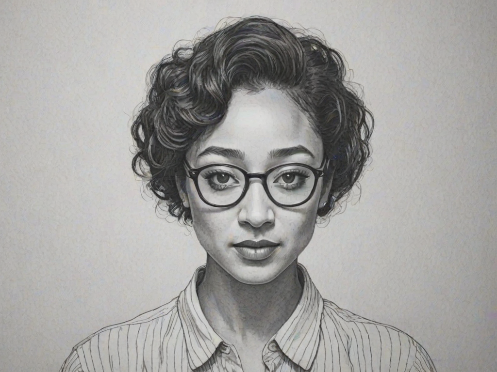 Radiant Ruth Negga, pencil sketch, portrait of Graceful woman 1975s in glasses, hair style beatnik, outline, clear lines, fine lines, 8k