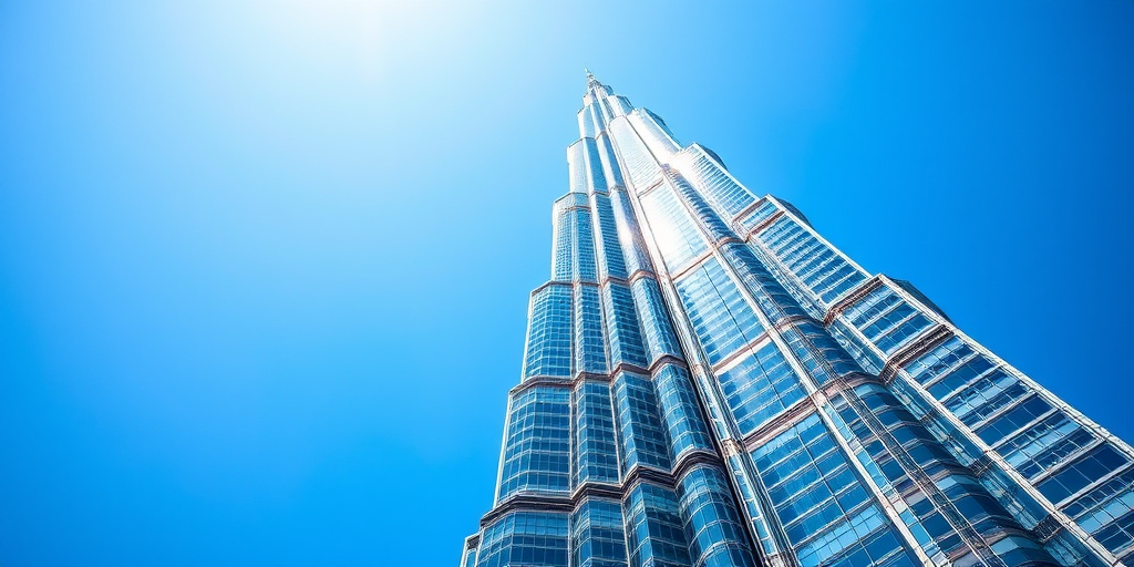A high-resolution photograph of the Burj Khalifa, captured in bright daylight from a low angle, using a DSLR camera with a 24mm lens, aperture set to f/8, ISO 100, and a shutter speed of 1/250s, emphasizing the skyscraper's height and architectural details against a clear blue sky.