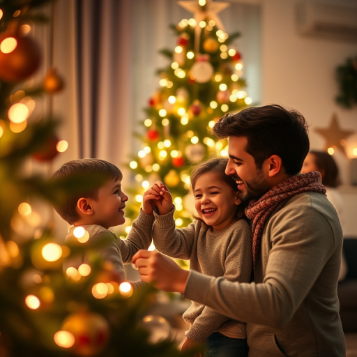 create a warm family scene celebrating Christmas with a softly lit tree adorned with lights and ornaments, focus on a happy father with two children joyfully decorating the tree, aperture f/2.8, shutter speed 1/60s, ISO 400, 50mm lens, DSLR camera, shallow depth of field, cozy indoor ambiance