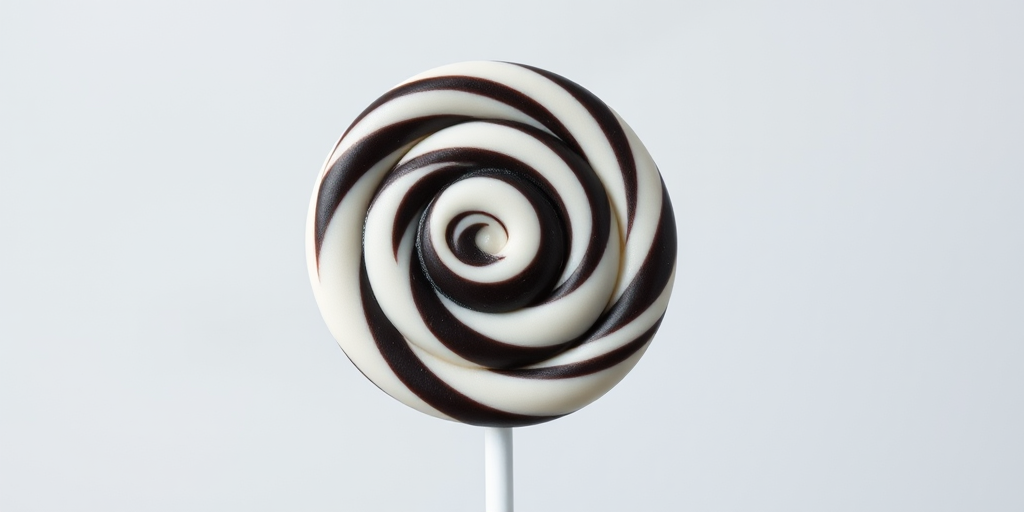 Create a high-resolution image of a classic swirl lollipop with bold black and white colors on a transparent background, using a DSLR camera with a 50mm lens, aperture set to f/2.8, ISO 100, and 1/250 shutter speed, capturing a clean and sharp detail with a soft-focus background.