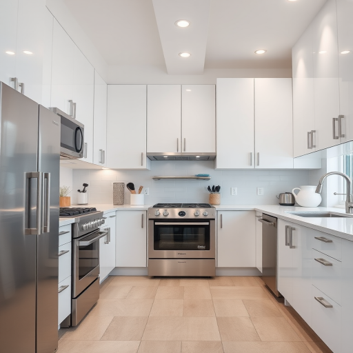 modern kitchen interior design with stainless steel appliances and white cabinetry, bright lighting, minimalist style, captured with a DSLR camera at f/8, ISO 200, 18mm focal length, wide-angle view