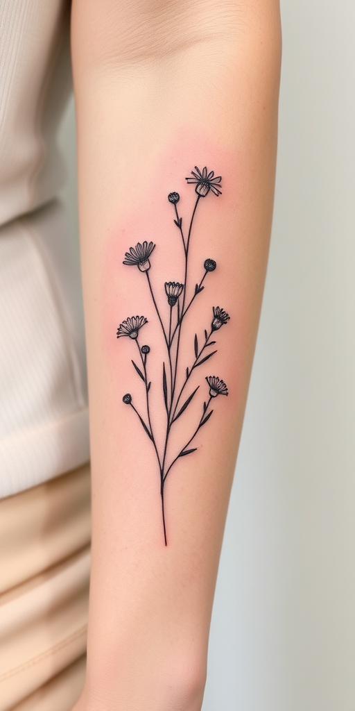 Fine line botanical tattoo of a delicate wildflower bouquet on the inner forearm, with ultra-thin lines and soft, muted color accents