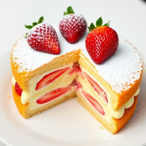 A delicious layered cake with creamy filling and fresh strawberries on top, dusted with powdered sugar, served on a white plate, showcasing a slice revealing the strawberry layers inside.
