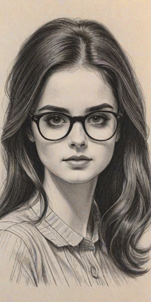 Splendid Vanessa Marano, pencil sketch, portrait of Sublime woman 1970s in glasses, hair style beatnik, outline, clear lines, fine lines, 8k