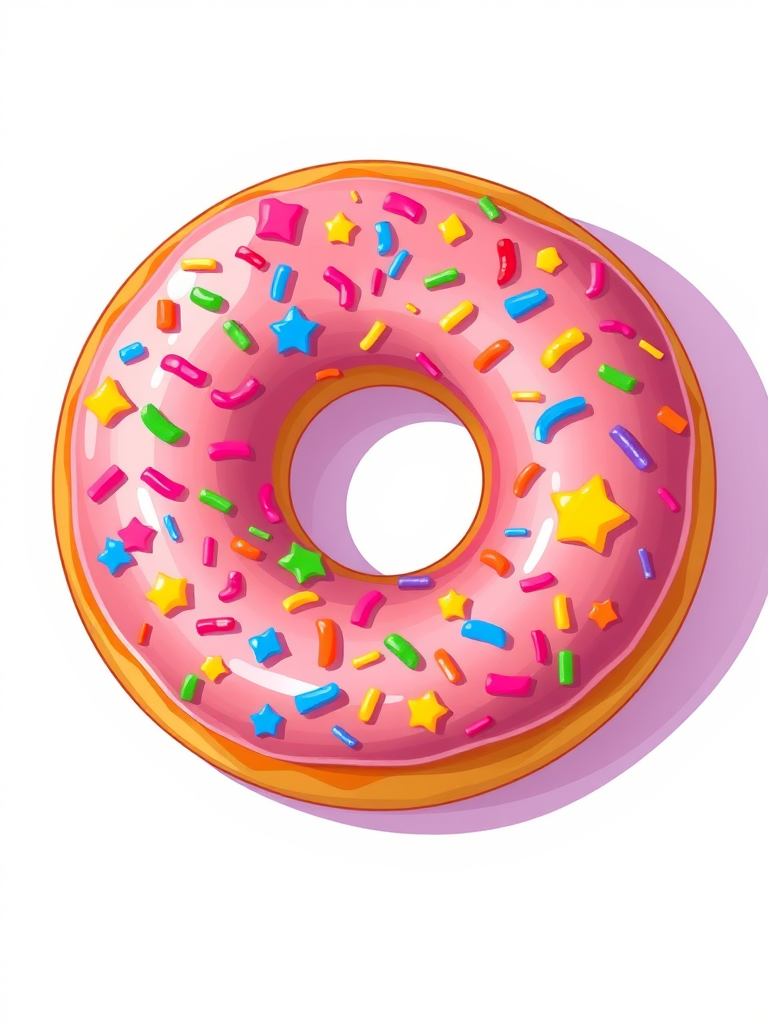 Create a vibrant and detailed illustration of a donut with colorful star sprinkles on a light background, using a macro lens with an aperture of f/2.8, shutter speed of 1/250s, ISO 100, shot from a top-down view, using a digital art style for enhanced quality.