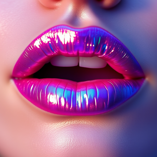 Ethereal holographic lips shimmering with iridescent blues and purples, creating a multidimensional appearance that shifts colors as light moves across them