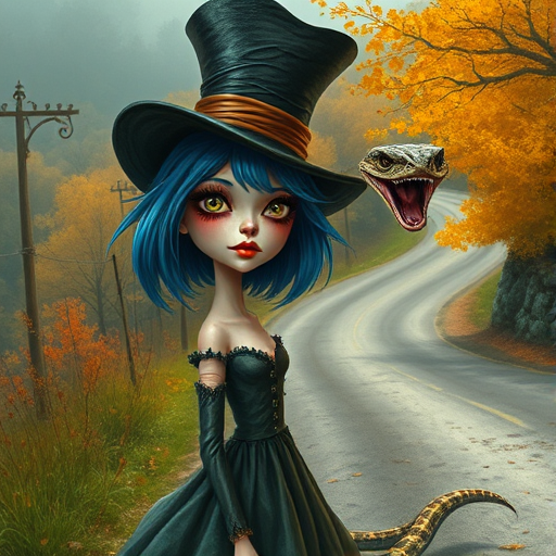 digital art fantasy depicting a strange girl with blue hair, long eyelashes, orange lipstick and a tall hat walking along a winding road on an autumn afternoon, an Cobra smiles as she passes