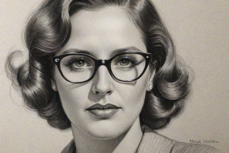 Dazzling Chevy Chase, pencil sketch, portrait of Bewitching woman 1935s in glasses, hair style beatnik, outline, clear lines, fine lines, 8k