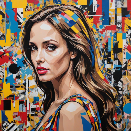 A vibrant artwork blending bohemian style with edgy street art, featuring a young angelina jolie. The design mixes vibrant colors with the modern Disney-inspired style, echoing Roy Lichtenstein's pop art. The overall mood is optimistic and trendy, with elements of Johannes Vermeer’s classic elegance, combined with the geometric abstraction of crystal cubism. add Stockholm shilluette