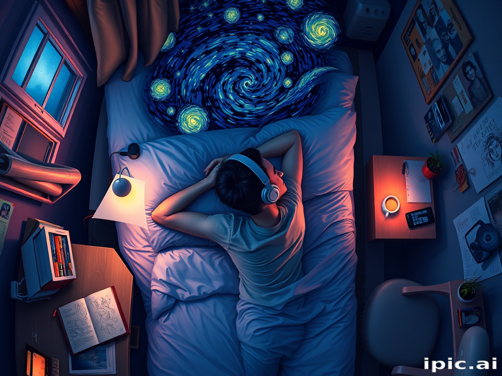 A top-down Van Gogh-style painting of a young man lying on his bed, listening to music with headphones. The room is softly lit with deep blues and purples, creating a peaceful nighttime atmosphere. The bed has a soft pillow, and the man's arms are resting behind his head. Around the bed, various glowing gadgets such as a smartphone, a laptop, and a small lamp are visible, casting a gentle light. The rest of the bedroom includes a desk with books, a chair, and a small rug on the floor. A window near the bed reveals a starry night sky with swirling stars, reminiscent of Van Gogh's 'Starry Night.' On the desk, there is a sketchbook with colorful drawings, a cup of coffee steaming gently, and a small potted plant. The walls have posters of famous paintings and a corkboard with pinned notes and photos. The scene is full of dynamic, swirling brushstrokes, capturing the essence of Van Gogh's unique style. The overall mood is serene and contemplative, with a touch of artistic inspiration.
