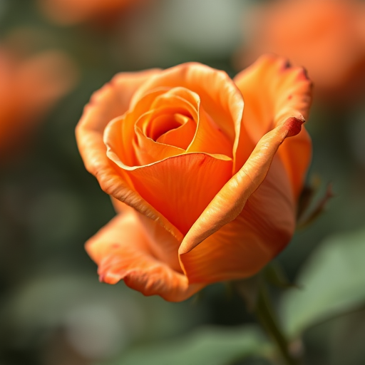 Capture a close-up of a wilted orange rose with soft focus background, aperture f/2.8, shutter speed 1/250, ISO 100, shot in natural light using a DSLR camera with a 50mm lens.