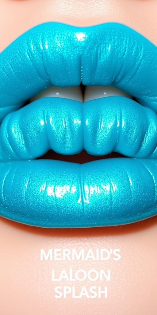 Bright turquoise lips with a glossy finish and iridescent blue-green shift, dubbed "Mermaid's Lagoon Splash"