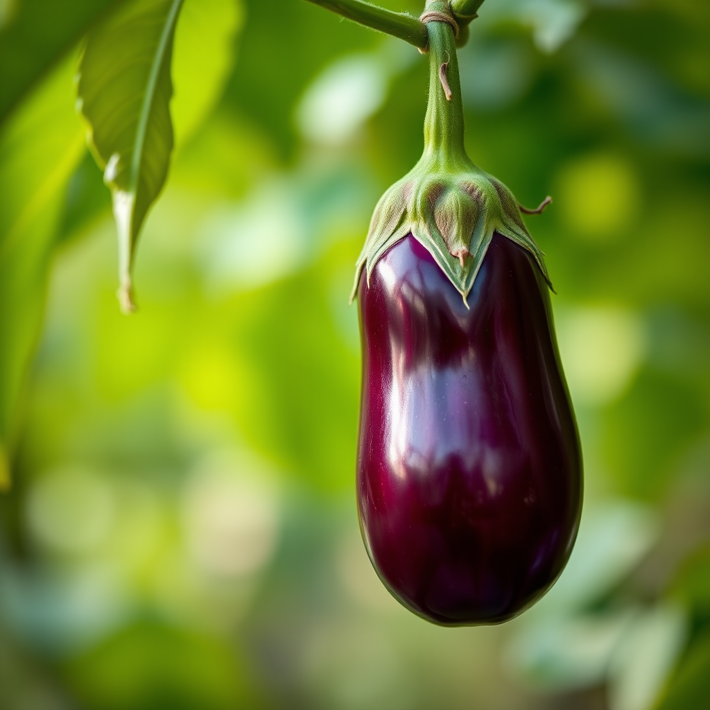 photograph of a vibrant eggplant hanging from a plant with soft bokeh background, taken with a Canon EOS 5D Mark IV, 85mm lens, aperture f/1.8, shutter speed 1/200 sec, ISO 100, natural lighting.