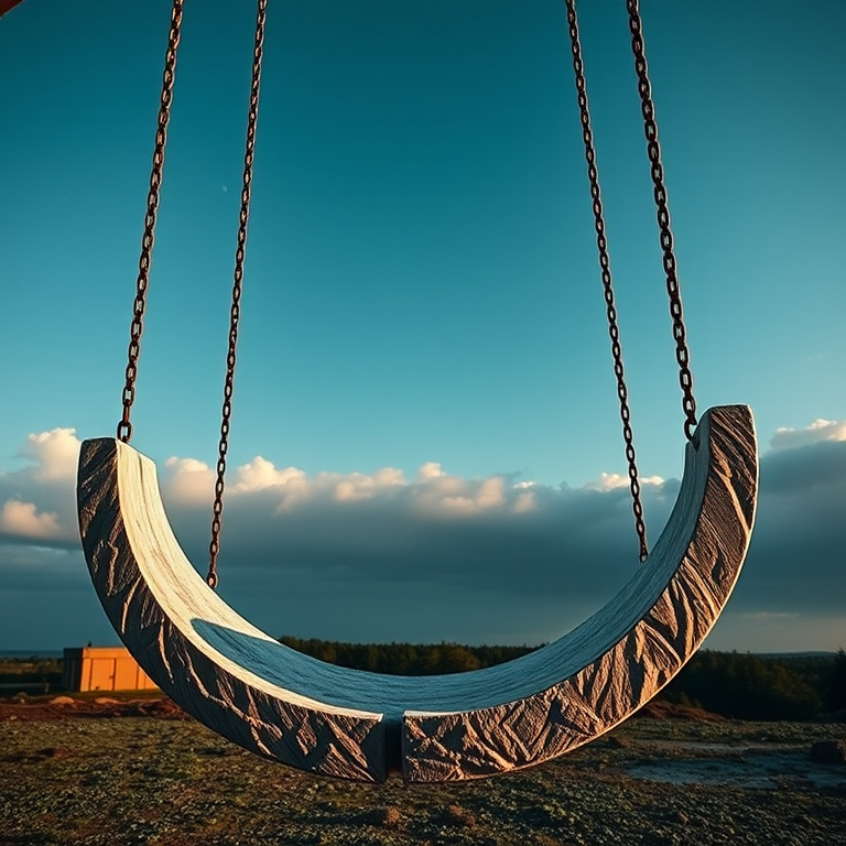 Create a high-resolution image of a large crescent moon swing, featuring reflections and detailed textures, captured with a DSLR camera at f/2.8, ISO 100, and a shutter speed of 1/200s, using a wide-angle lens for a dynamic perspective under soft, diffused natural light.