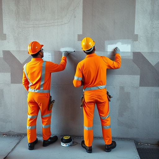 Create an image of two construction workers in orange uniforms painting a textured wall with a detailed pattern, captured with a Canon EOS R5, 50mm lens, f/2.8 aperture, ISO 100, in a high-angle view to emphasize their activity and the wall's surface.