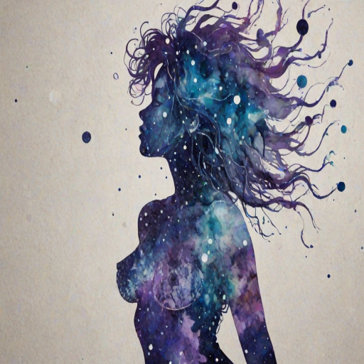 Captivating conceptual render alcohol ink art, double exposure, the paint strokes artfully merge combining a woman's full silhouette with a Joyous jellybean (fish)'s silhouette. The figures are composed of a series of colored dots, lines & spots that evoke the image of a cosmic galaxy, colors are deep shades of blue purple & black with flashes of white & silver representing distant stars. The woman's silhouette is formed within the lion's silhouette from constellations of scattered stars, surreal