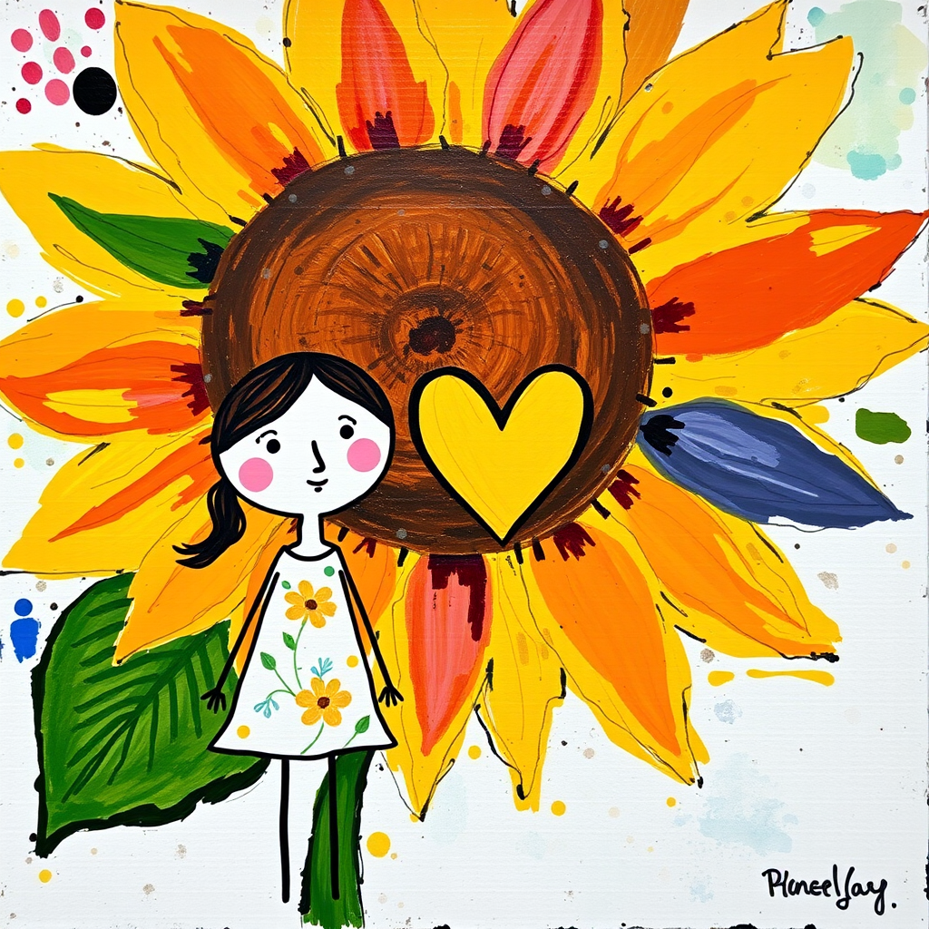 Stylized impressionism painting of a large sunflower with an oversized center and colorful petals. Beside, a young female character with eyes represented by dots and a mouth by a line, pink cheeks, hair attached, arms and legs a black line, flowery white dress triangle shape. A yellow heart surrounded by a black line between the two. Textured background with touches of colorful paint. Childish style.