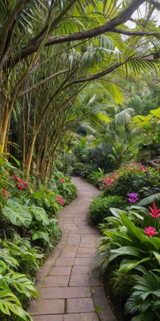 Lush botanical garden, filled with vibrant flowers and exotic plants, a winding pathway leading through, with visitors taking photographs and a gentle breeze rustling the leaves overhead.