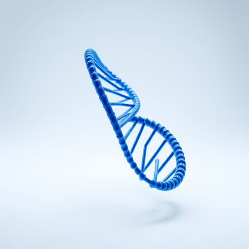 high-resolution 3D rendering of a blue DNA double helix on a white background, using a Canon EOS R5, aperture f/8, ISO 200, 50mm lens, soft focus, studio lighting
