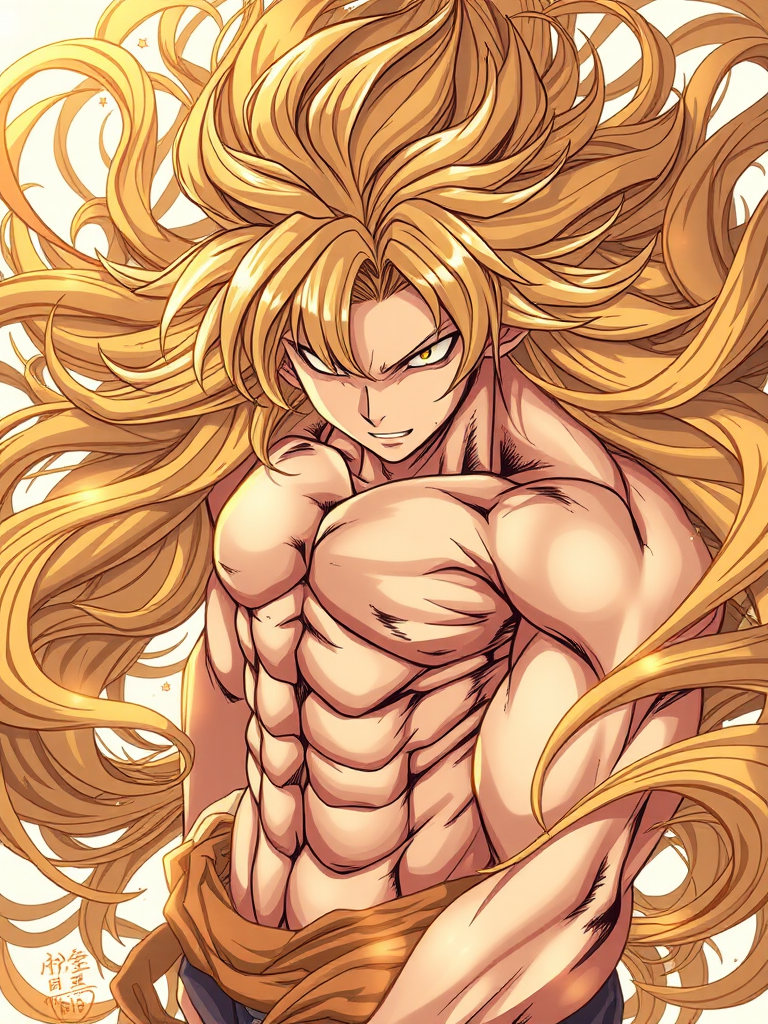 Create a highly detailed digital illustration of a powerful anime character with golden hair and muscular physique, surrounded by intricate flowing patterns in shades of gold and brown, captured with a DSLR camera at 50mm, f/1.8 aperture, ISO 100, in a vibrant color palette and high contrast style.