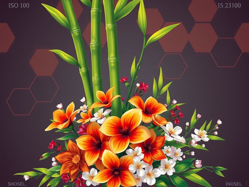 Create a vibrant illustration of a floral arrangement with hexagonal patterns in the background, focusing on green bamboo, orange and red flowers, and white blossoms, using a high-resolution digital art style, camera settings: ISO 100, aperture f/8, shutter speed 1/250, camera view: top-down perspective, camera type: digital SLR.