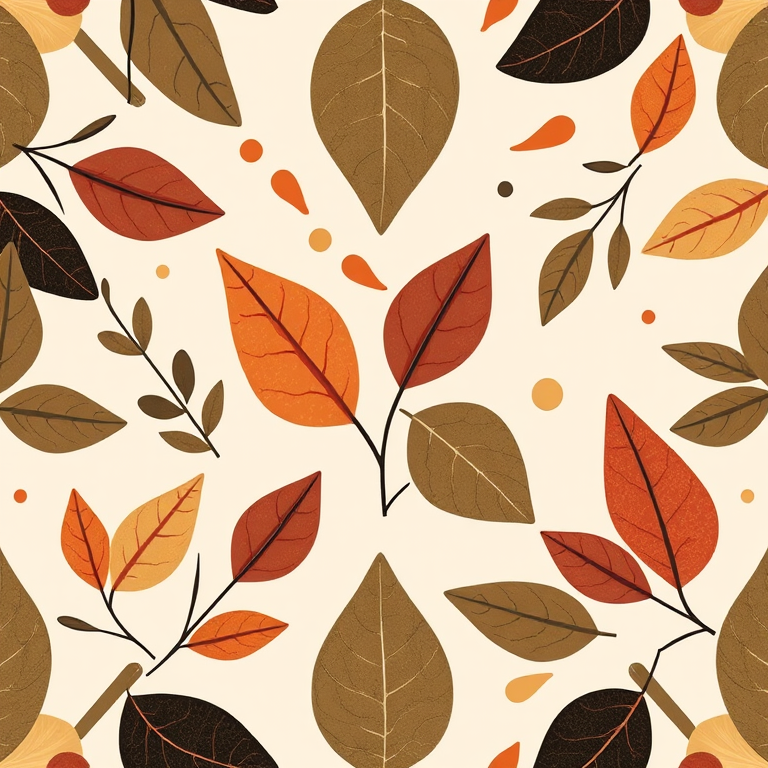 Create a high-resolution pattern design featuring abstract leaves and shapes in earthy tones with a soft pastel background, captured with a DSLR camera at f/8, ISO 100, 50mm lens, top-down view, vibrant color mode for enhanced saturation.