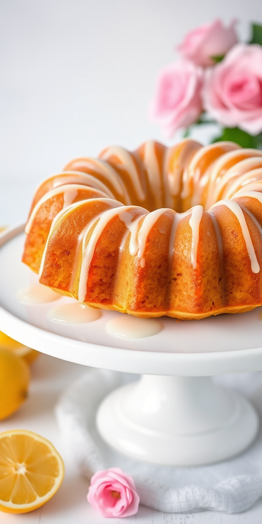 A beautifully glazed lemon bundt cake on a white serving plate with a glossy icing drizzle and a background of fresh lemons and pink roses in soft focus, natural lighting highlighting the cake's texture and shine.