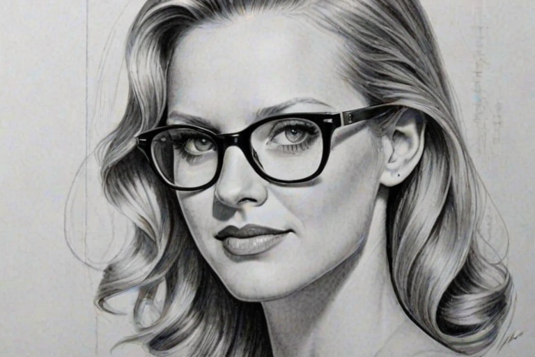 Superb AJ Cook, pencil sketch, portrait of Delightful woman 1939s in glasses, hair style beatnik, outline, clear lines, fine lines, 8k
