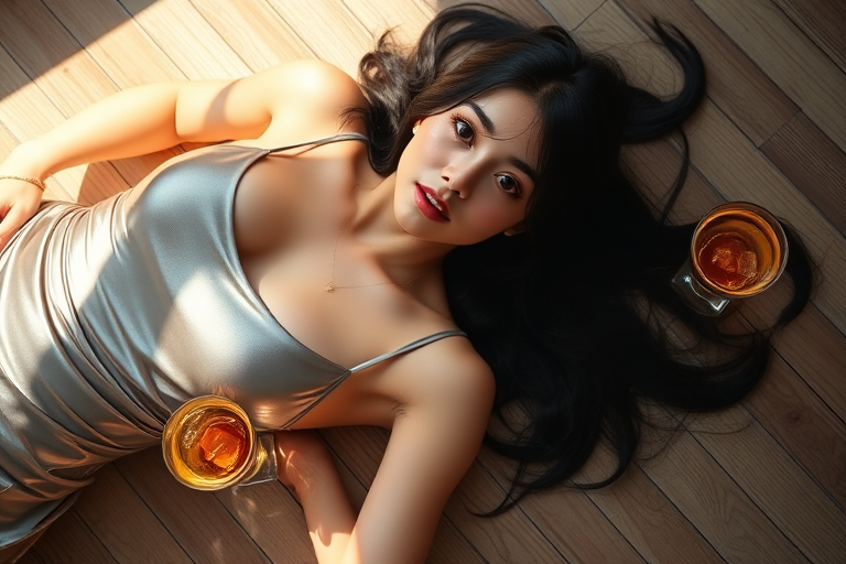regenerate an image of a young woman with long black hair lying on a wooden floor, wearing a shiny silver dress, with sunlight casting shadows, two glasses of beverage nearby, captured with a Canon EOS R5, 50mm lens at f/1.4, natural lighting, shallow depth of field, high-resolution, cinematic style