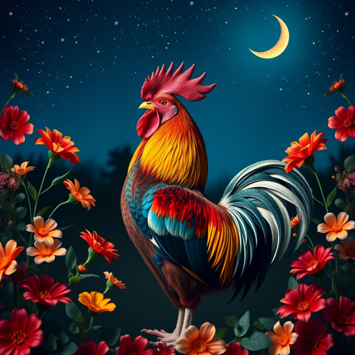Create a vibrant, colorful rooster standing proudly in a floral frame under a starry night sky with a crescent moon, using a DSLR camera with a 50mm lens, f/1.8 aperture, ISO 200, and a vibrant color profile for enhanced detail and richness.