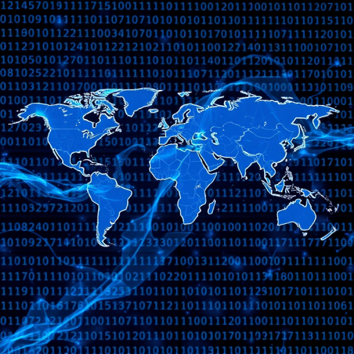 Create a digital illustration of a world map overlaid with flowing blue data streams against a binary code background, with a resolution of 300 DPI, shot using a DSLR camera with a wide-angle lens at f/8, in landscape view, with soft lighting and high dynamic range.