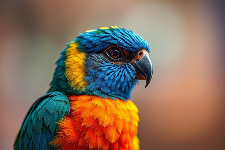 Create a close-up portrait of a colorful bird with vibrant blue, orange, and yellow feathers, against a blurred, colorful bokeh background, captured with a Canon EOS R5, 85mm f/1.2 lens, aperture f/1.8, ISO 100, and a shallow depth of field for enhanced detail and sharpness.