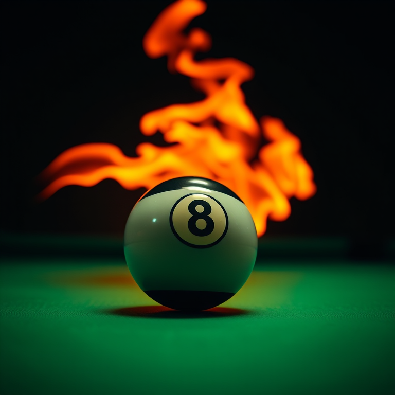 create an image of a billiard 8 ball in motion with a trail of vibrant flames behind it, high dynamic range, 4K resolution, using a DSLR camera with a 50mm lens at f/1.8, 1/1000 sec shutter speed, ISO 100, focused on the ball, shot from a low angle against a dark background for contrast and clarity