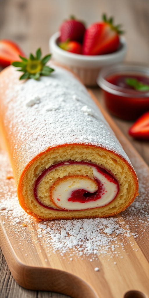 A close-up image of a freshly baked strawberry rolled cake on a wooden cutting board dusted with powdered sugar with sliced strawberries and a small bowl of jam in the background. The cake has a soft yellow sponge and a swirled filling of cream and strawberry jam.