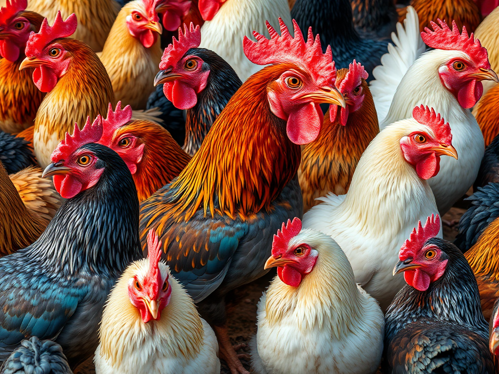 Create a vibrant and detailed collage of various chicken breeds in a mosaic style, capturing a range of colors and textures, shot with a Canon EOS R5 at f/8, ISO 100, 50mm lens, in a soft natural lighting setup for enhanced clarity and depth.