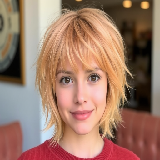 Charming peach-haired ingénue with a soft, face-framing shag cut featuring wispy bangs and textured layers